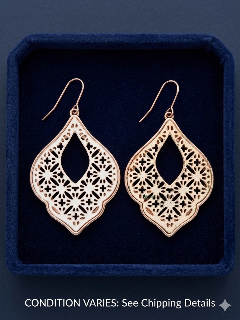 Adrienne Vittadini White Enamel Rose Gold Filigree Tear Drop Earrings - As Is